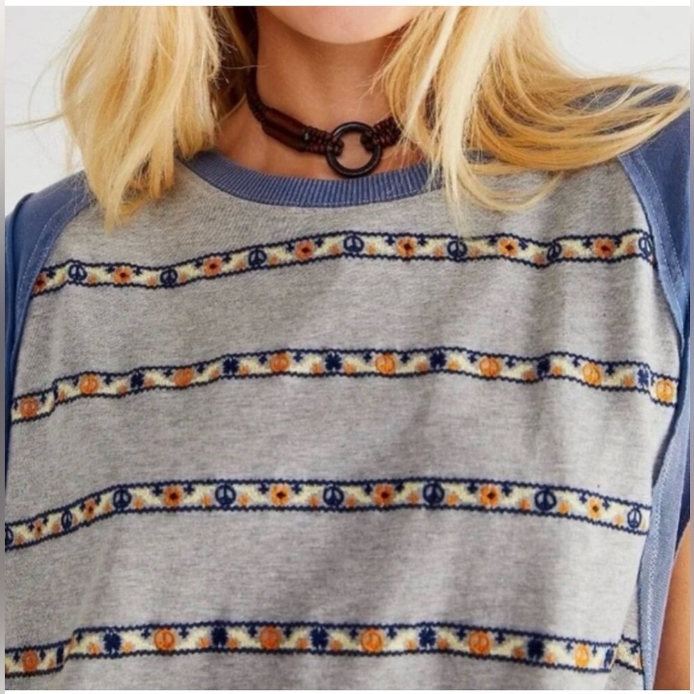 Free People Blue/Gray Groovy Embroidered Stripe Oversized Tee - Picture 2 of 9